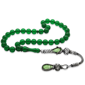 1000 Sterling Silver Sphere Cut Green Fire Amber Rosary with Kazaz Tassels - EFENDINA PAZAR - Tesbihane - 101004808