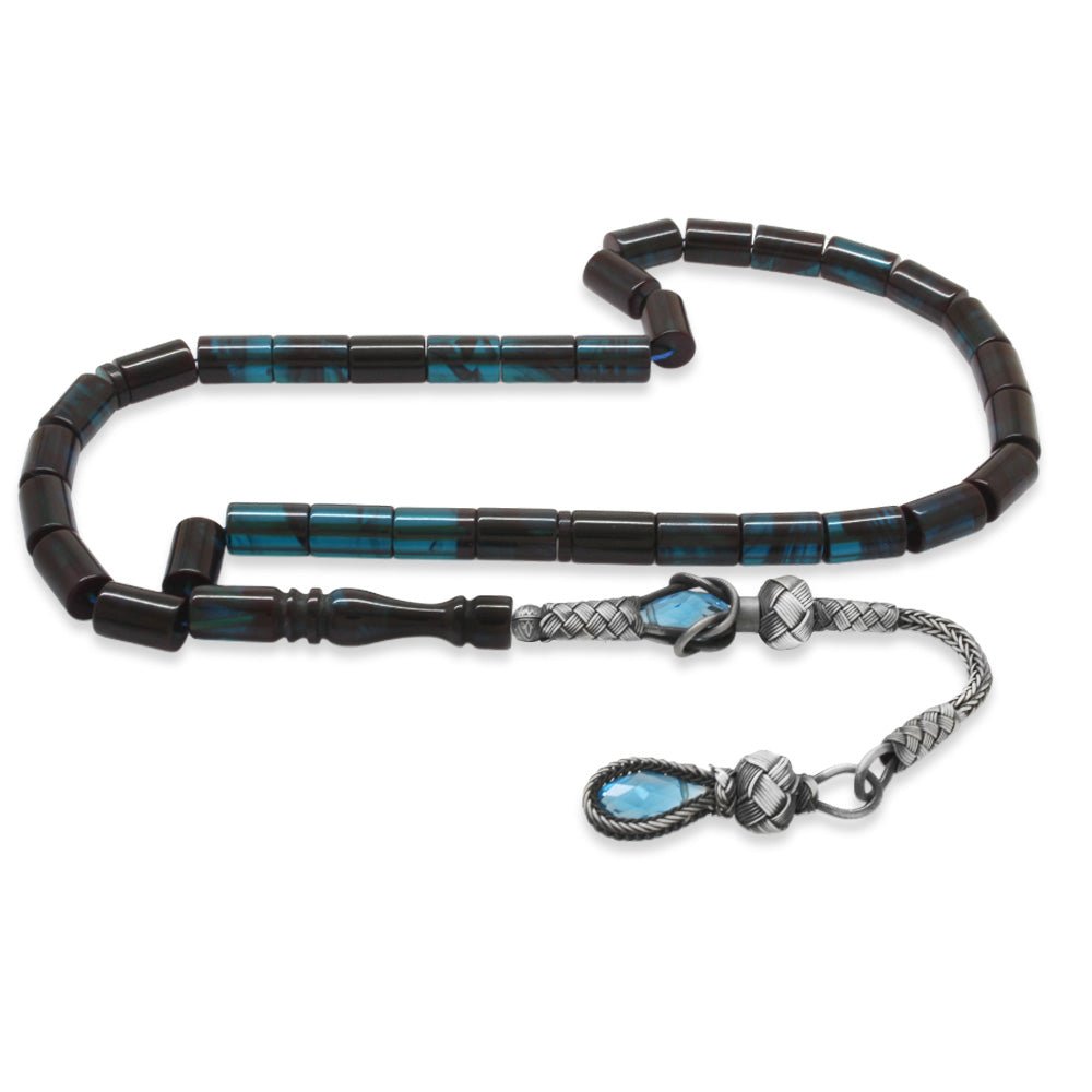 1000 Sterling Silver Tassel Turquoise - Black Amber Rosary - EFENDINA PAZAR - Tesbihane - 101004592