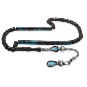 1000 Sterling Silver Tassel Turquoise - Black Amber Rosary - EFENDINA PAZAR - Tesbihane - 101004592