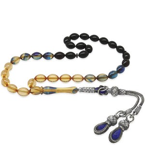 1000 Sterling Silver Tasseled Blue - White Fire Amber Rosary - EFENDINA PAZAR - Tesbihane - 101001501