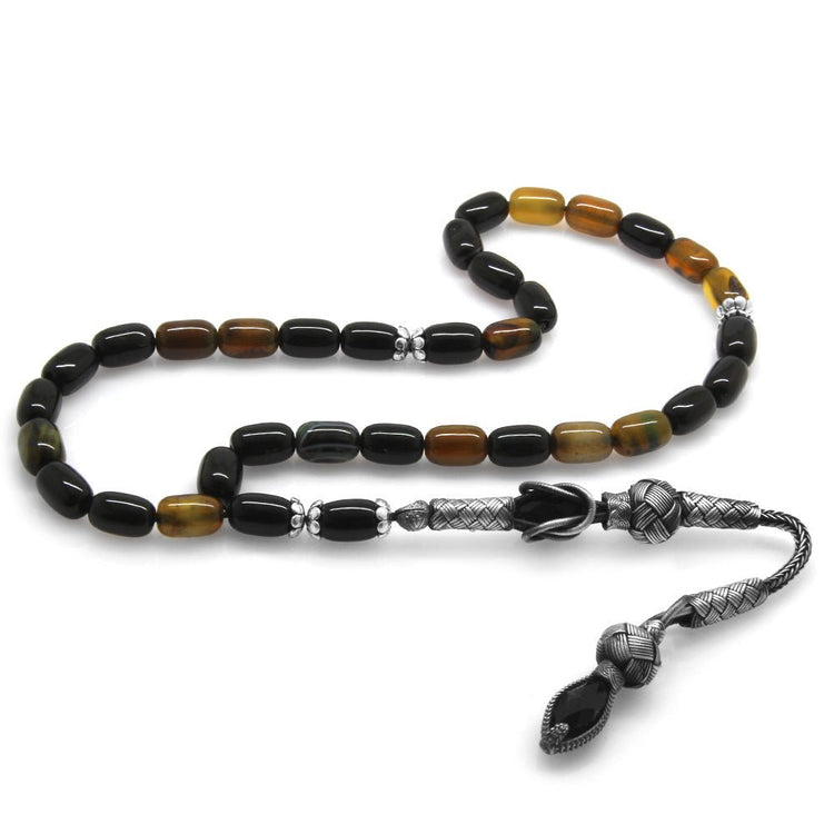 1000 Sterling Silver Tasseled Capsule Cut Mixed Color Agate Natural Stone Prayer Beads - EFENDINA PAZAR - Tesbihane - 101003565