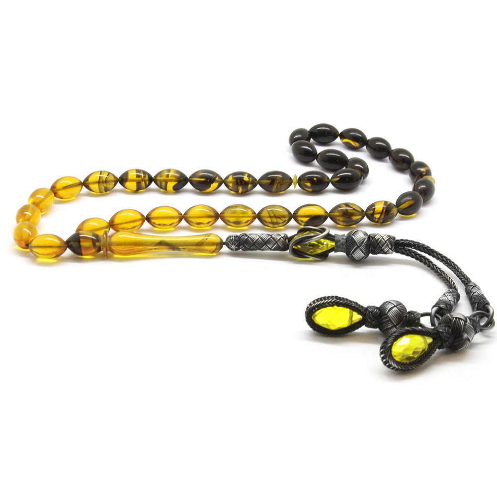 1000 Sterling Silver Tasseled Yellow - Black Fire Amber Rosary - EFENDINA PAZAR - Tesbihane - 101001728