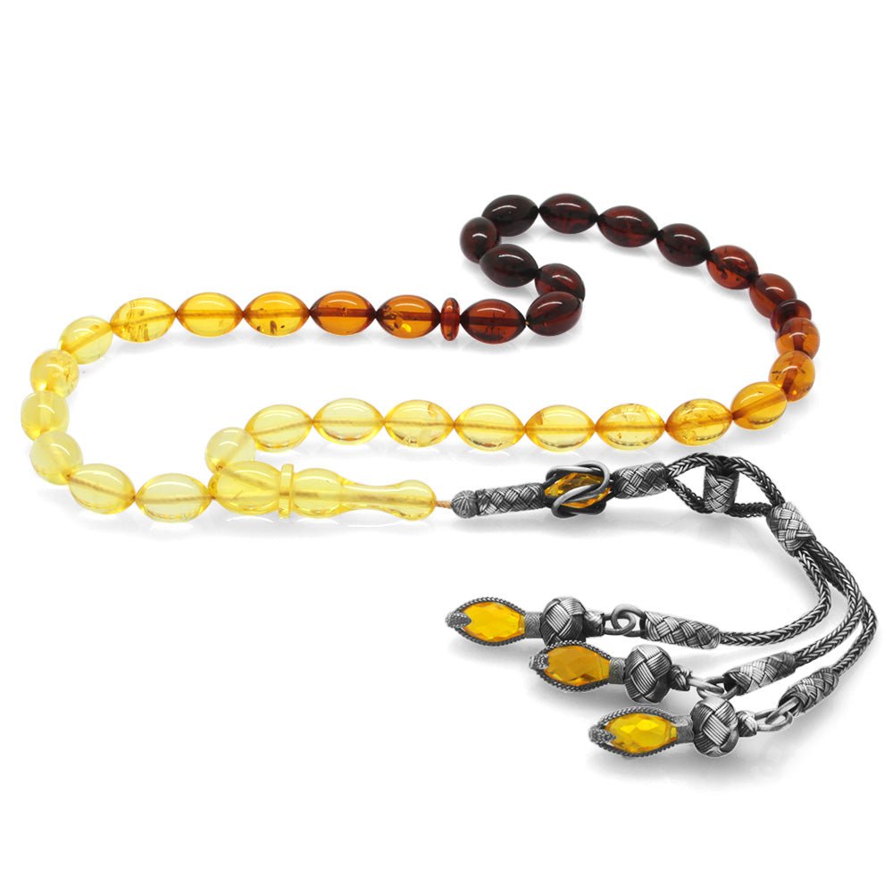 1000 Sterling Silver Tria Kazaz Tasseled Barley Cut Yellow - Red Drop Amber Rosary - EFENDINA PAZAR - Tesbihane - 101003077