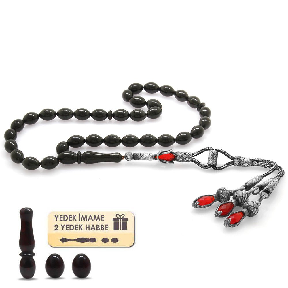 1000 Sterling Silver Tria Kazaz Tasseled Red Drop Amber Rosary - EFENDINA PAZAR - Tesbihane - 101002421