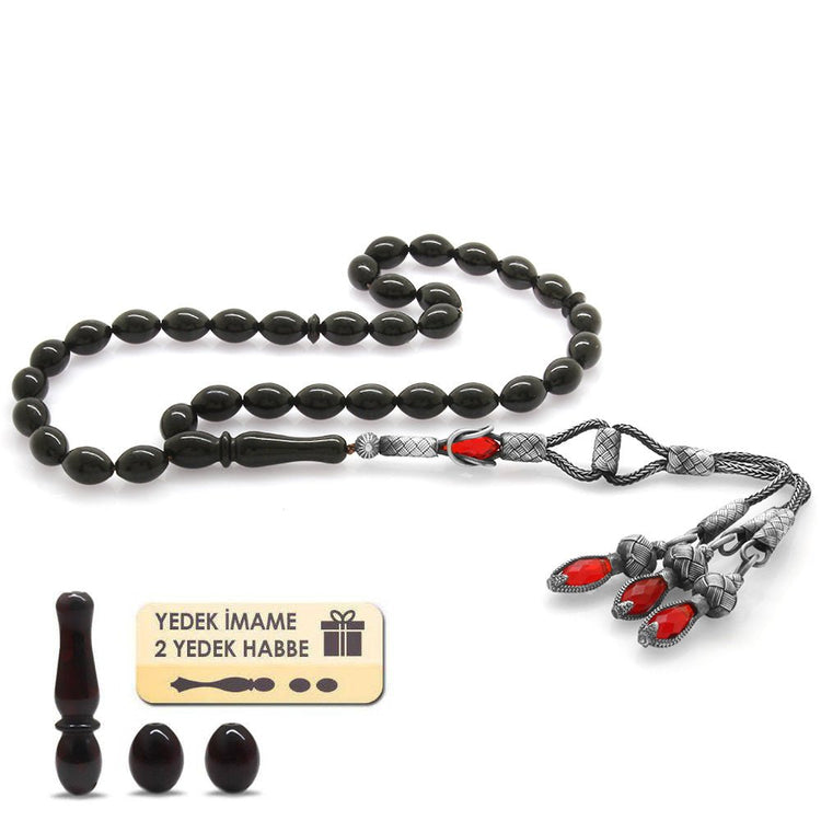 1000 Sterling Silver Tria Kazaz Tasseled Red Drop Amber Rosary - EFENDINA PAZAR - Tesbihane - 101002421