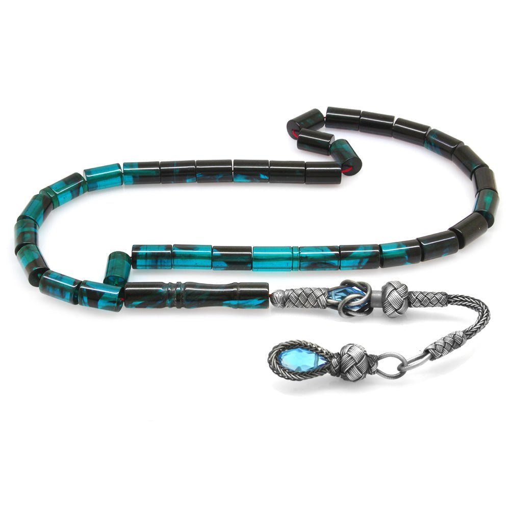 1000 Sterling Silver Turquoise - Black Fire Amber Rosary - EFENDINA PAZAR - Tesbihane - 101003262