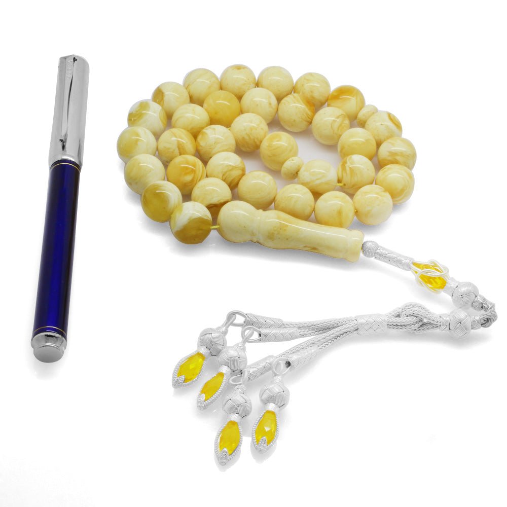 1000 Sterling Silver White Drop Amber Rosary - EFENDINA PAZAR - Tesbihane - 101003458