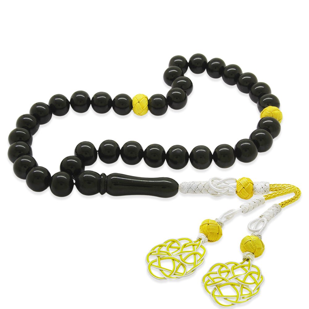 1000 Sterling Silver Yellow - White Kazaz Tasseled Sphere Cut Erzurum Oltu Stone Prayer Beads - EFENDINA PAZAR - Tesbihane - 101004541