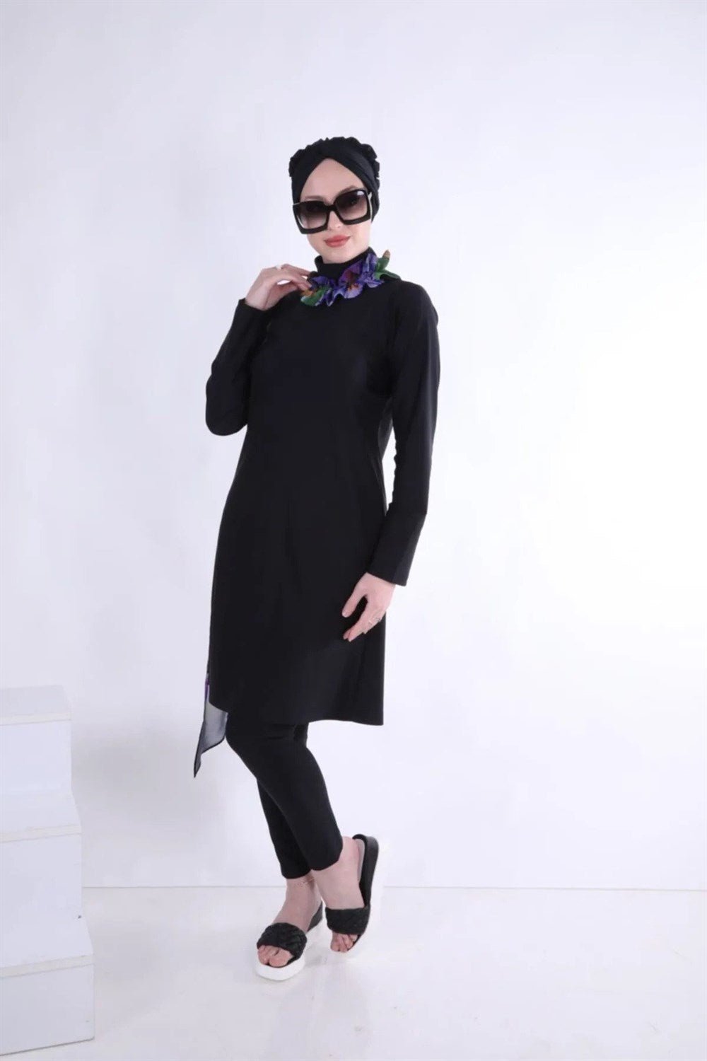 2 - Piece Swimsuit Set with Chiffon - Black Turquoise - EFENDINA PAZAR - NS Tasarim - 504TURKUAZ - 38