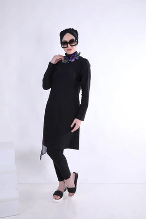 2 - Piece Swimsuit Set with Chiffon - Black Turquoise - EFENDINA PAZAR - NS Tasarim - 504TURKUAZ - 38