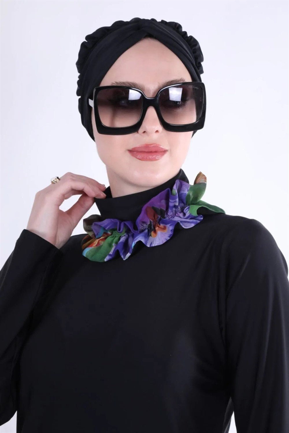 2 - Piece Swimsuit Set with Chiffon - Black Turquoise - EFENDINA PAZAR - NS Tasarim - 504TURKUAZ - 38