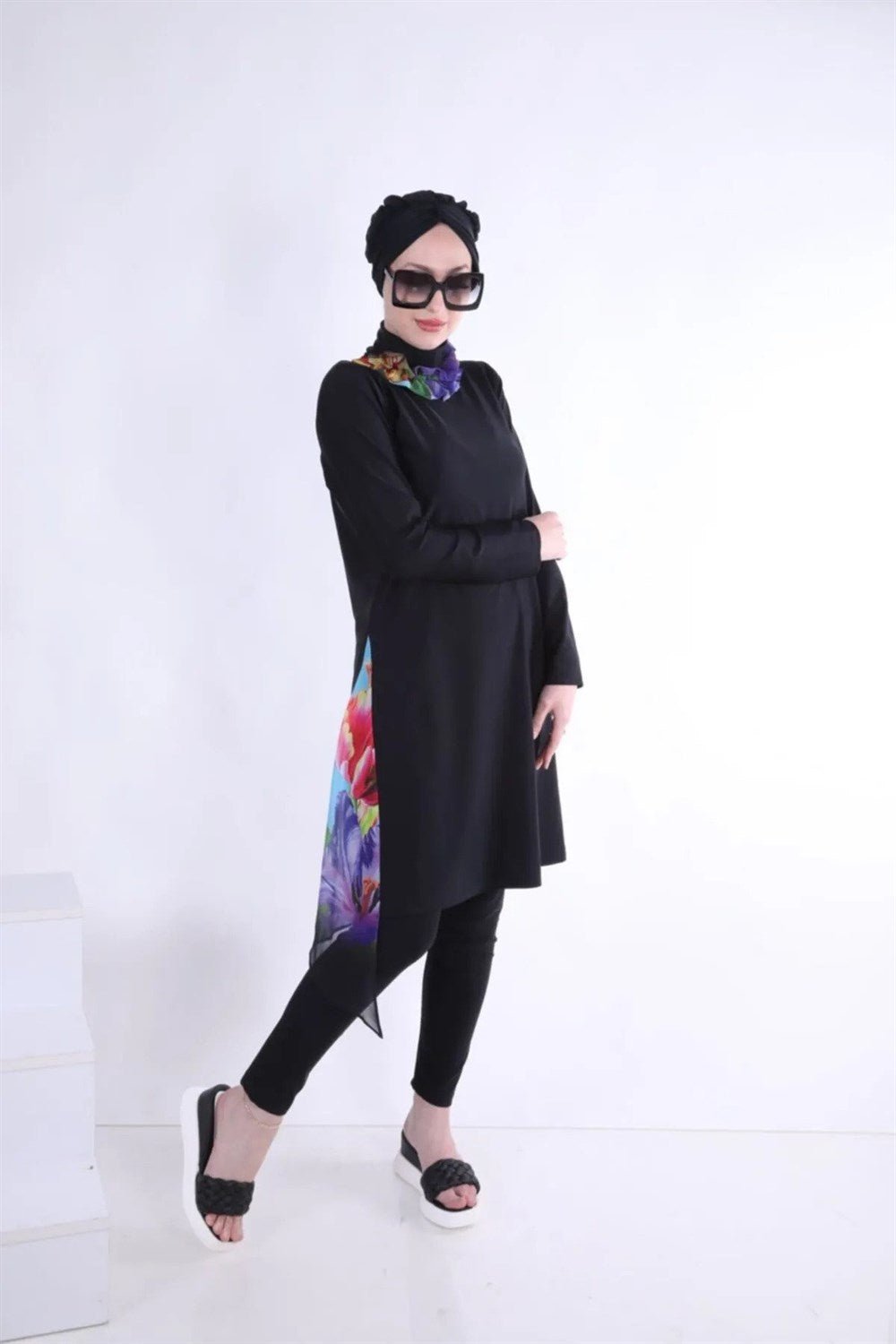 2 - Piece Swimsuit Set with Chiffon - Black Turquoise - EFENDINA PAZAR - NS Tasarim - 504TURKUAZ - 38