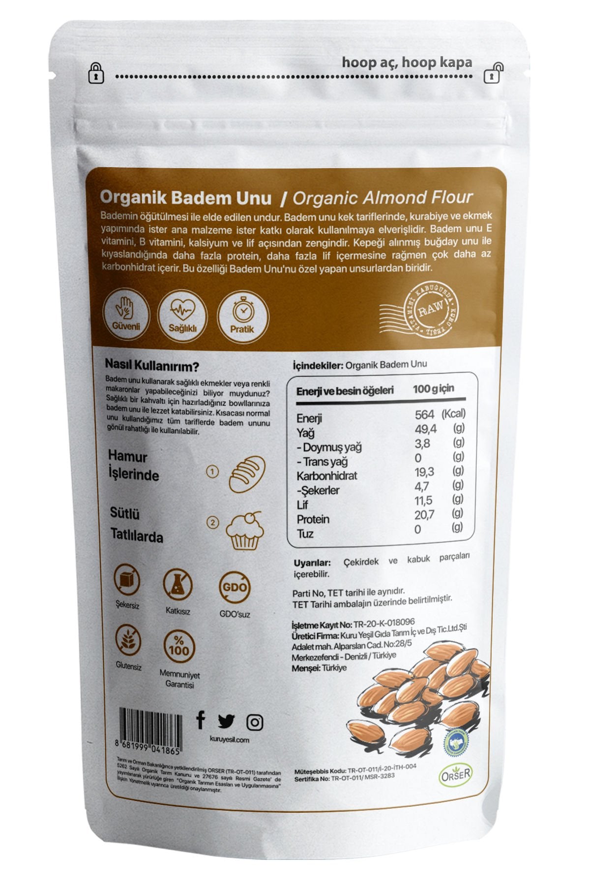 Kuru Yeşil Dry Green Organic Local Almond Flour Package 500 g