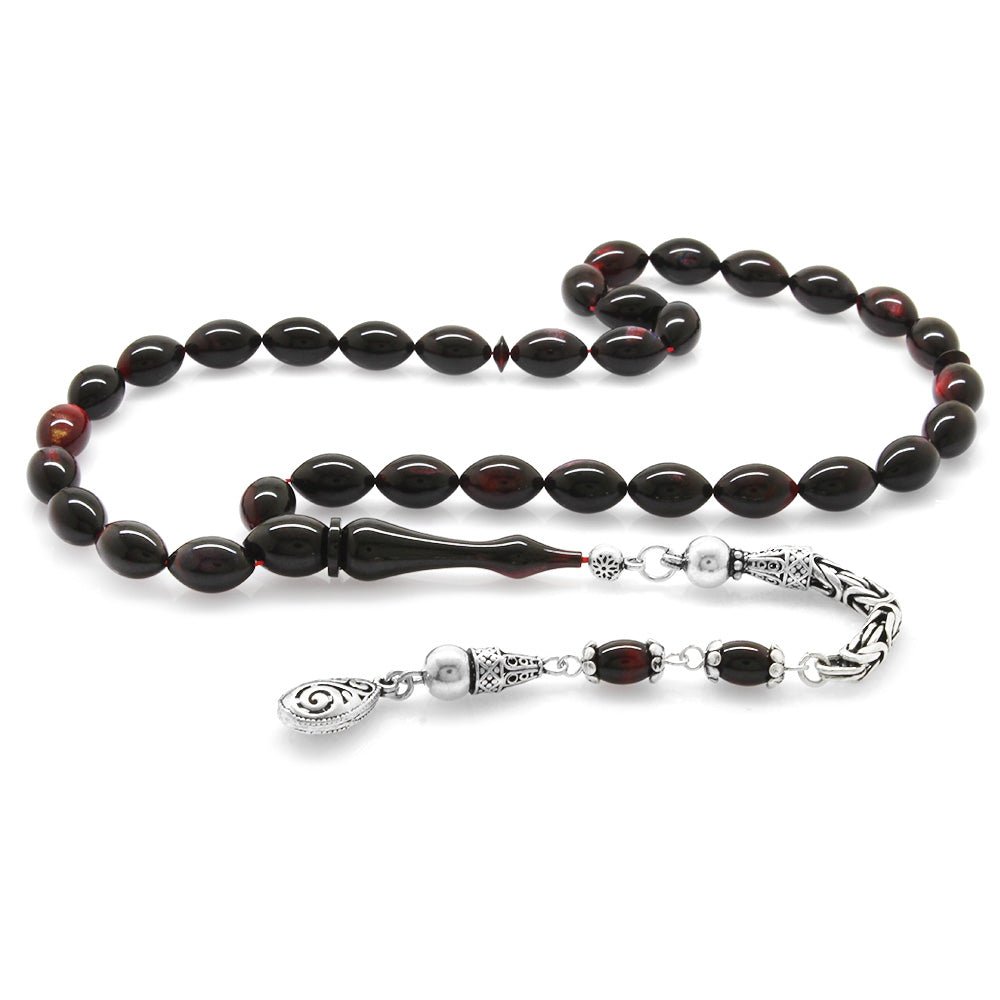 925 Carat Barley Cut Pearlescent Dark Red - Black Colorful Katalin Rosary with King Tassels - EFENDINA PAZAR - Tesbihane - 101004270