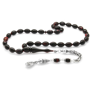 925 Carat Barley Cut Pearlescent Dark Red - Black Colorful Katalin Rosary with King Tassels - EFENDINA PAZAR - Tesbihane - 101004270