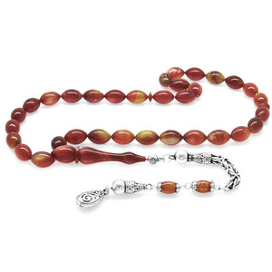 925 Carat King Tasseled Barley Cut Pearlescent Yellow - Red Colorful Katalin Rosary - EFENDINA PAZAR - Tesbihane - 101004271