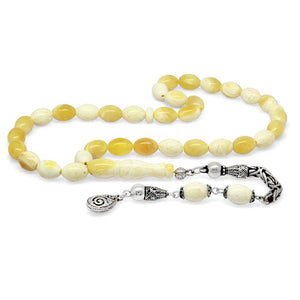 925 Silver Imameli King Seccer Yellow - White Amber Rosary - EFENDINA PAZAR - Tesbihane - 101004054