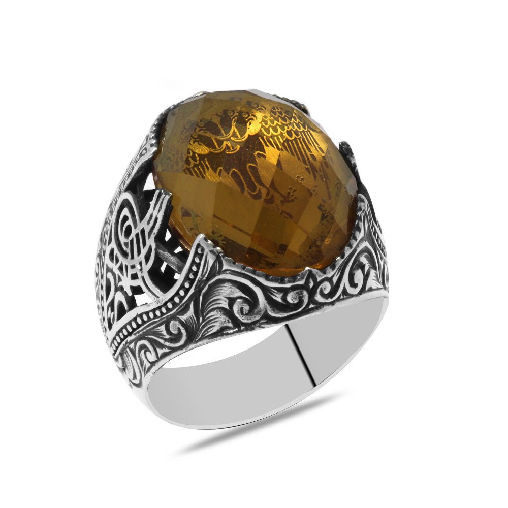 925 Silver Men Ring With Zultanite Stone And Calligraphy - EFENDINA PAZAR - Tesbihane - 102002721