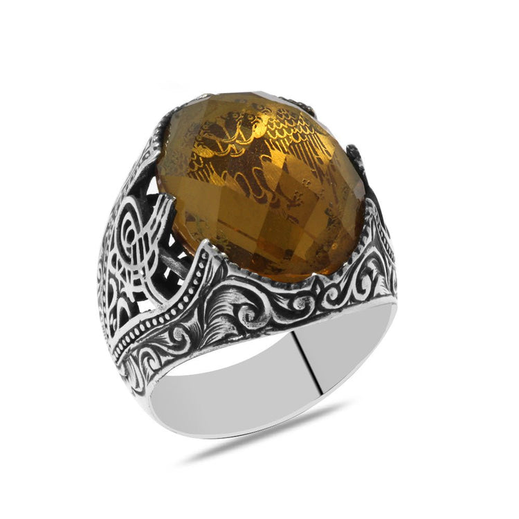 925 Silver Men Ring With Zultanite Stone And Calligraphy - EFENDINA PAZAR - Tesbihane - 102002721