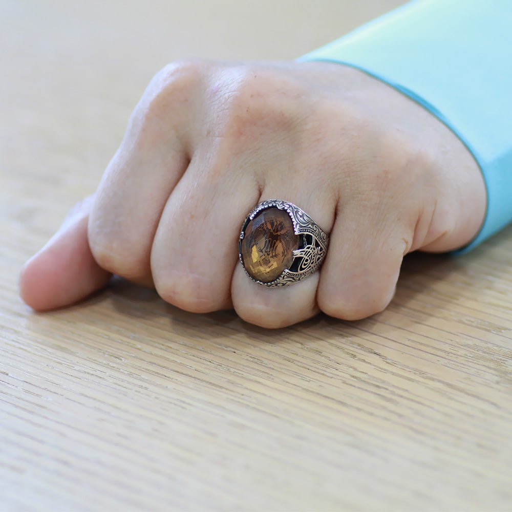 925 Silver Men Ring With Zultanite Stone And Calligraphy - EFENDINA PAZAR - Tesbihane - 102002721