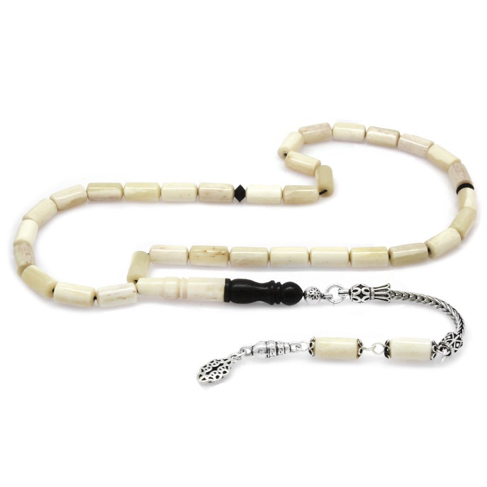 925 Silver Tasseled Ebony Combination Camel Bone Rosary - EFENDINA PAZAR - Tesbihane - 101004058