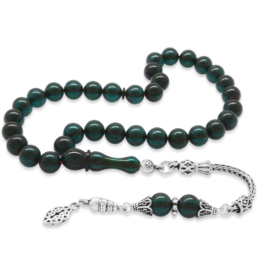 925 Silver Tasseled Transparent Turquoise Amber Rosary - EFENDINA PAZAR - Tesbihane - 101004582
