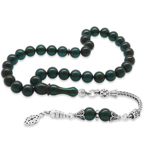 925 Silver Tasseled Transparent Turquoise Amber Rosary - EFENDINA PAZAR - Tesbihane - 101004582