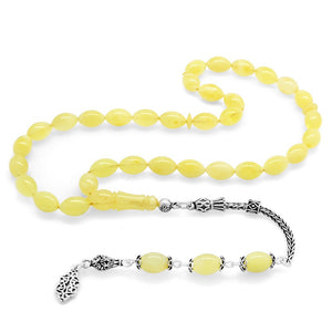 925 Sterling Silver Anatolian Pattern Tasseled Barley Cut Yellow - White Moire Drop Amber Rosary - EFENDINA PAZAR - Tesbihane - 101003576
