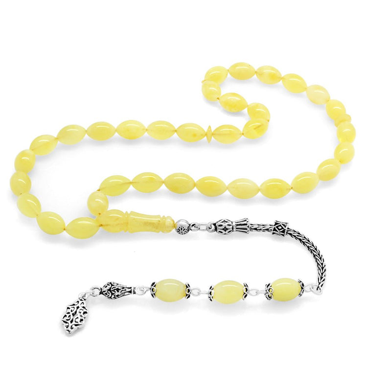 925 Sterling Silver Anatolian Pattern Tasseled Barley Cut Yellow - White Moire Drop Amber Rosary - EFENDINA PAZAR - Tesbihane - 101003576