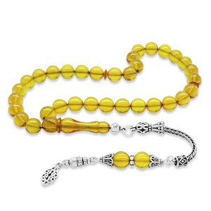 925 Sterling Silver Anatolian Pattern Tasseled Globe Cut Yellow Fire Amber Rosary - EFENDINA PAZAR - Tesbihane - 101004810
