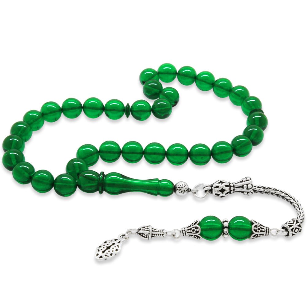 925 Sterling Silver Anatolian Pattern Tasseled Sphere Cut Green Fire Amber Rosary - EFENDINA PAZAR - Tesbihane - 101004811