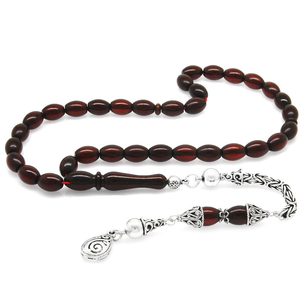 925 Sterling Silver Barley Cut Dark Red Drop Amber Rosary with King Tassels - EFENDINA PAZAR - Tesbihane - 101004310