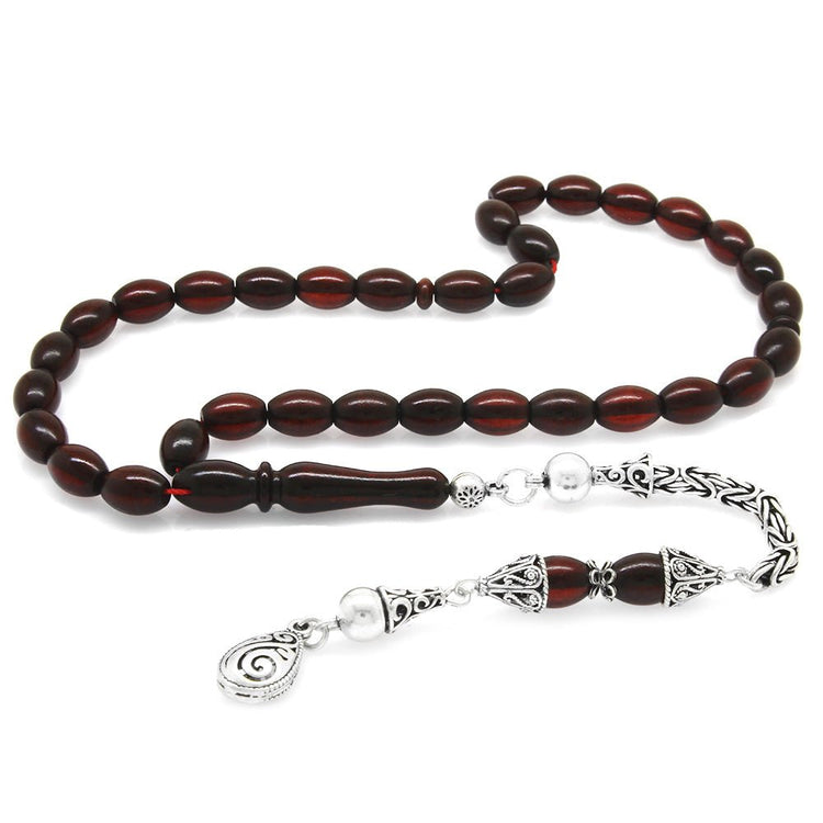 925 Sterling Silver Barley Cut Dark Red Drop Amber Rosary with King Tassels - EFENDINA PAZAR - Tesbihane - 101004310