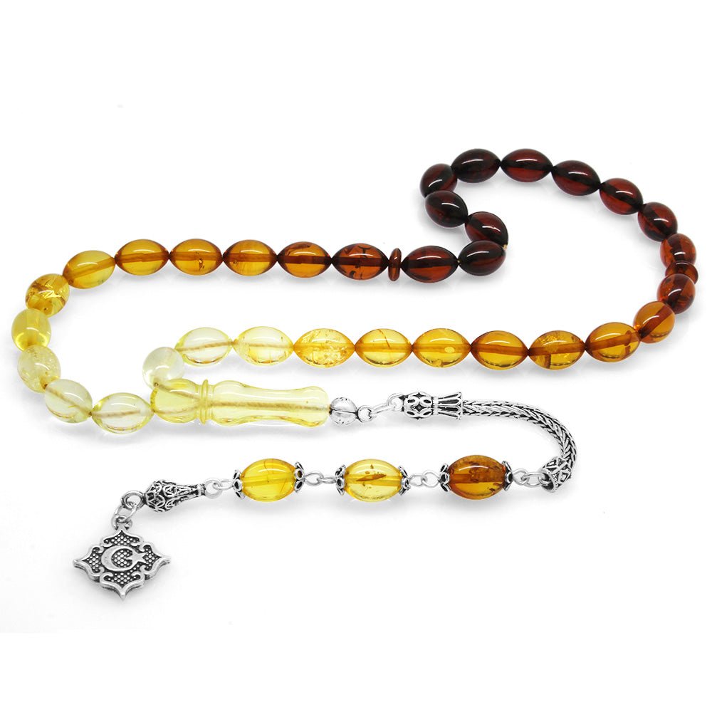 925 Sterling Silver Barley Cut Filtered Red - Yellow Drop Amber Rosary with Star and Crescent Tassels - EFENDINA PAZAR - Tesbihane - 101003566