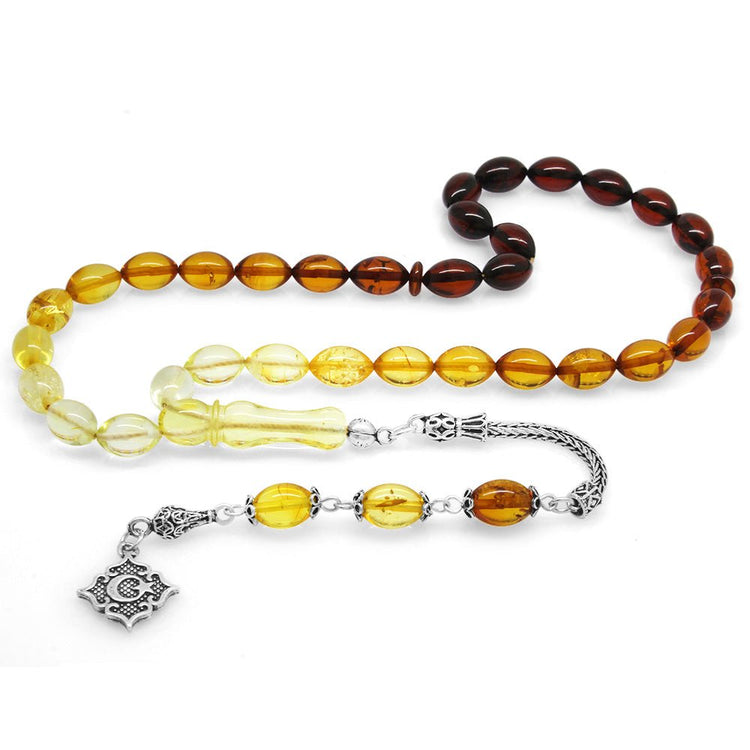925 Sterling Silver Barley Cut Filtered Red - Yellow Drop Amber Rosary with Star and Crescent Tassels - EFENDINA PAZAR - Tesbihane - 101003566