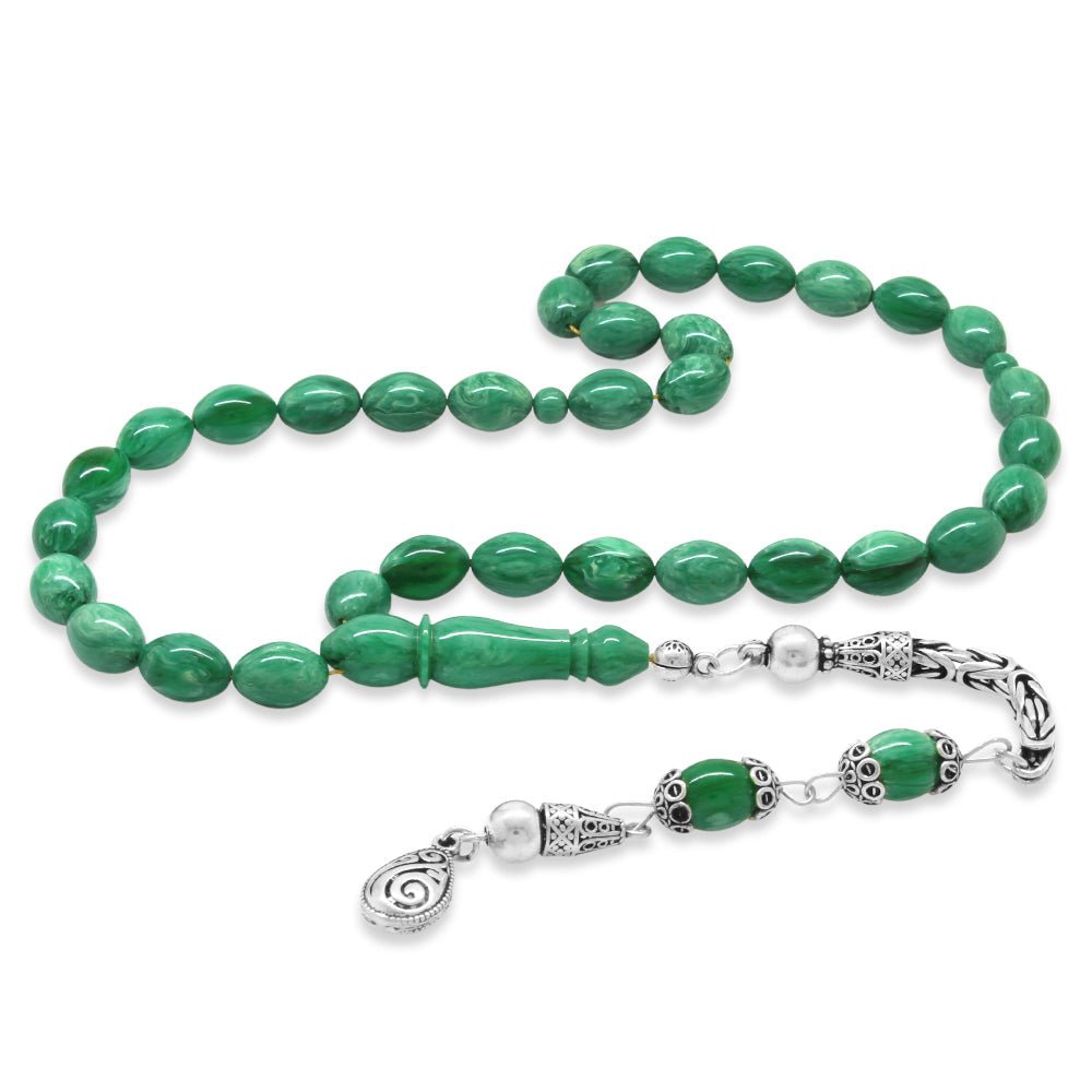 925 Sterling Silver Barley Cut Green and White Crimped Amber Rosary with King Tassels - EFENDINA PAZAR - Tesbihane - 101004467