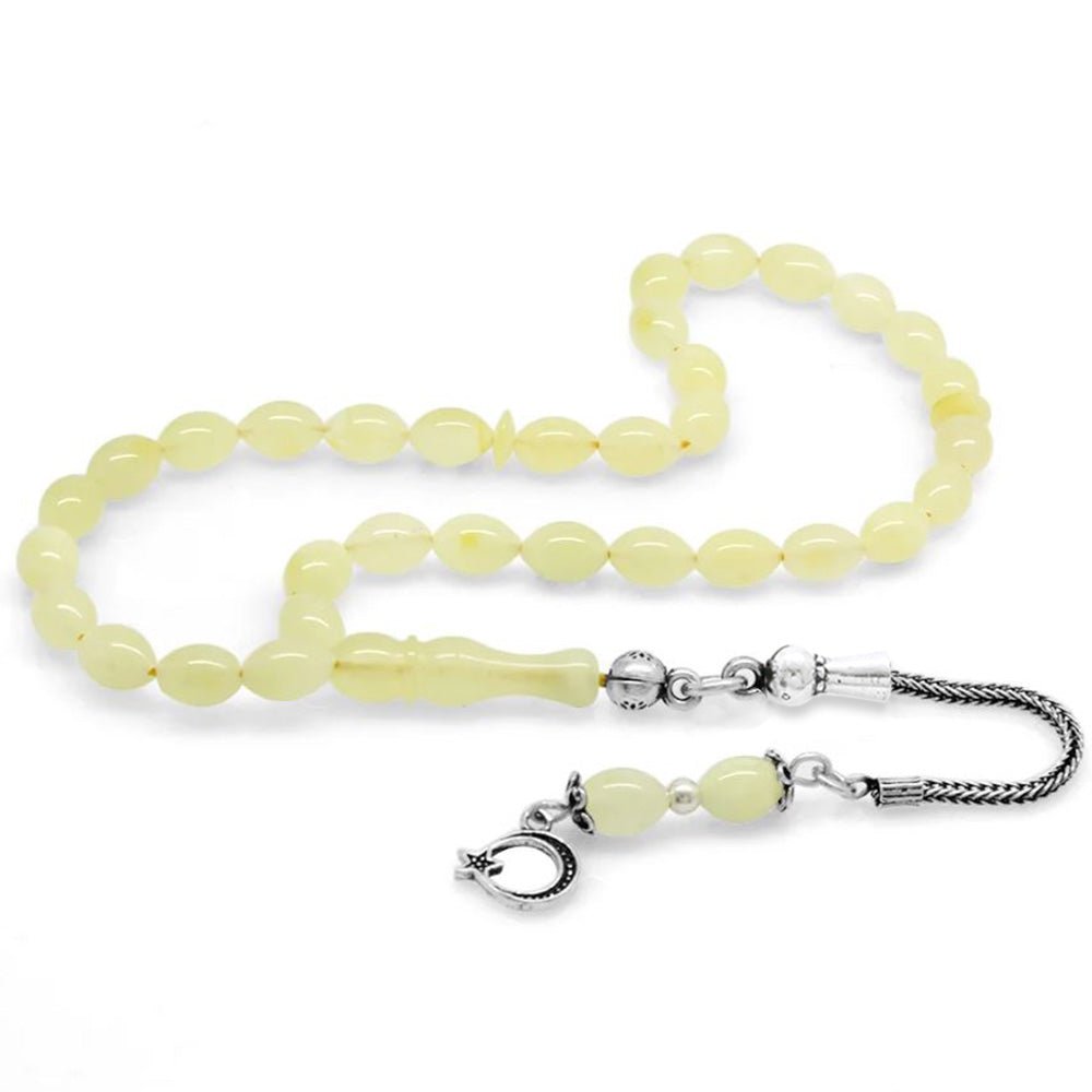925 Sterling Silver Barley Cut Yellow - White Moire Wrist Length Drop Amber Rosary with Star and Crescent Tassels - EFENDINA PAZAR - Tesbihane - 101003569