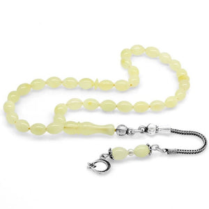 925 Sterling Silver Barley Cut Yellow - White Moire Wrist Length Drop Amber Rosary with Star and Crescent Tassels - EFENDINA PAZAR - Tesbihane - 101003569