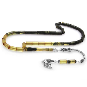 925 Sterling Silver Black - White Fire Amber Rosary - EFENDINA PAZAR - Tesbihane - 101003271