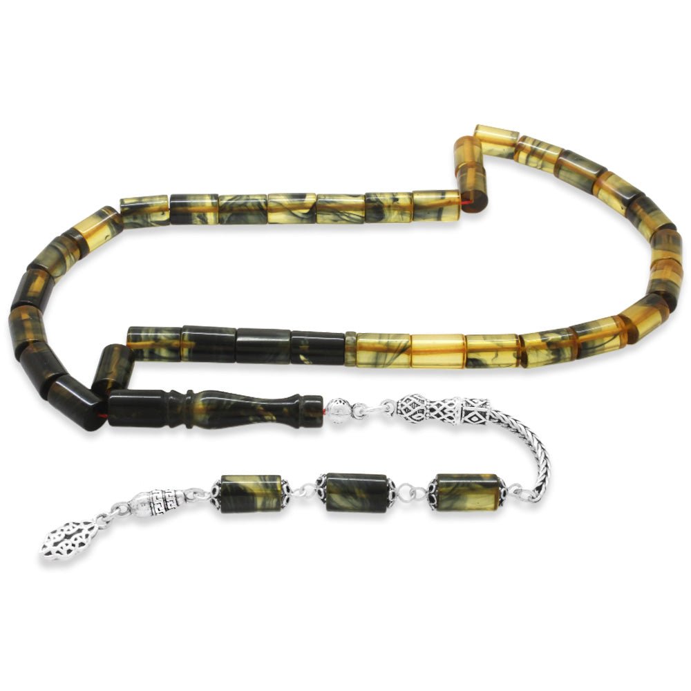 925 Sterling Silver Black - White Fire Amber Rosary - EFENDINA PAZAR - Tesbihane - 101004594