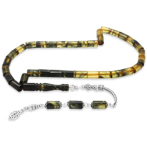 925 Sterling Silver Black - White Fire Amber Rosary - EFENDINA PAZAR - Tesbihane - 101004594