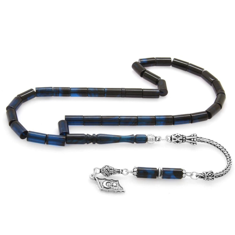925 Sterling Silver Blue - Black Amber Rosary - EFENDINA PAZAR - Tesbihane - 101003268