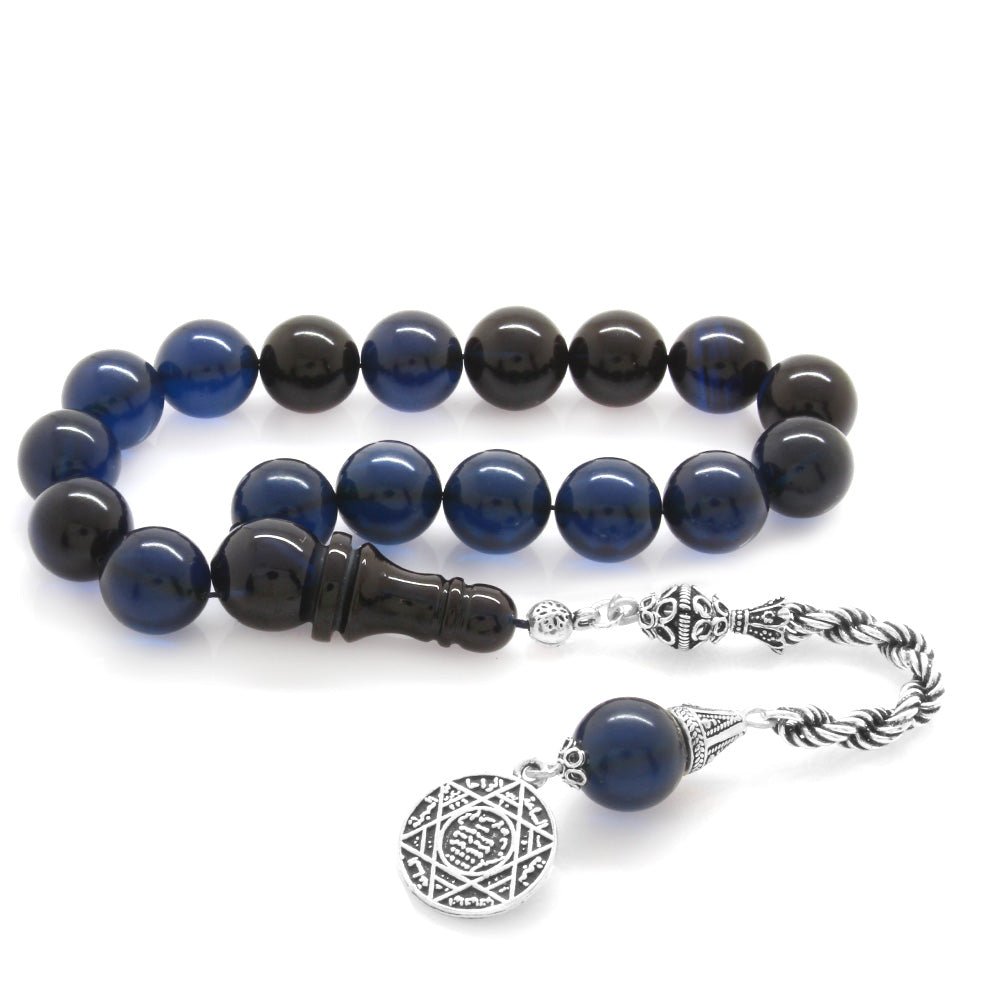 925 Sterling Silver Blue - Black Tight Amber Efe Tasbih - EFENDINA PAZAR - Tesbihane - 101003290