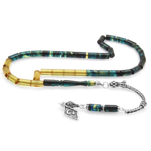 925 Sterling Silver Blue - White Fire Amber Rosary - EFENDINA PAZAR - Tesbihane - 101003276