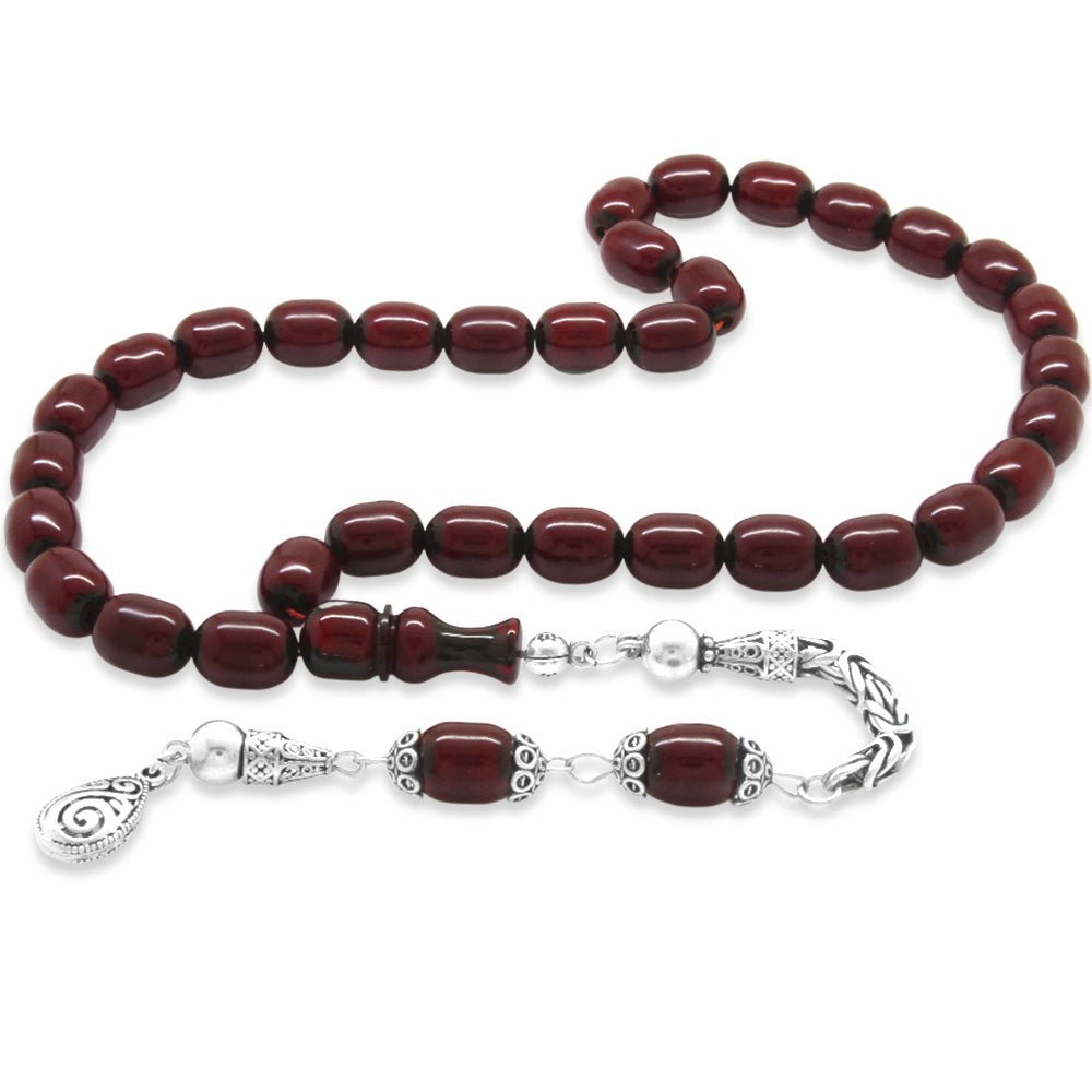 925 Sterling Silver Capsule Cut Dark Red Crimped Amber Rosary with King Tassels - EFENDINA PAZAR - Tesbihane - 101004451