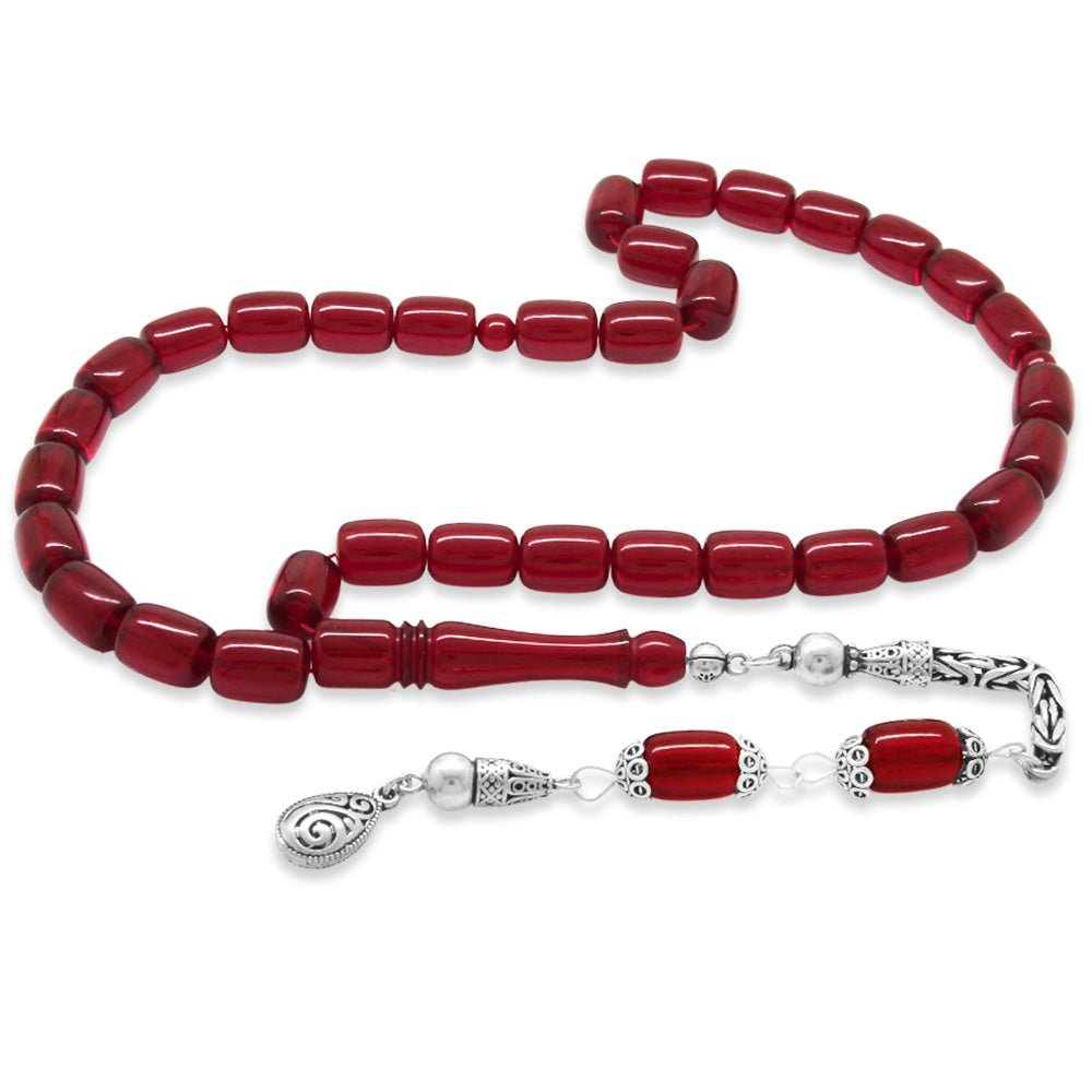 925 Sterling Silver Capsule Cut Dark Red Crimped Amber Rosary with King Tassels - EFENDINA PAZAR - Tesbihane - 101004459