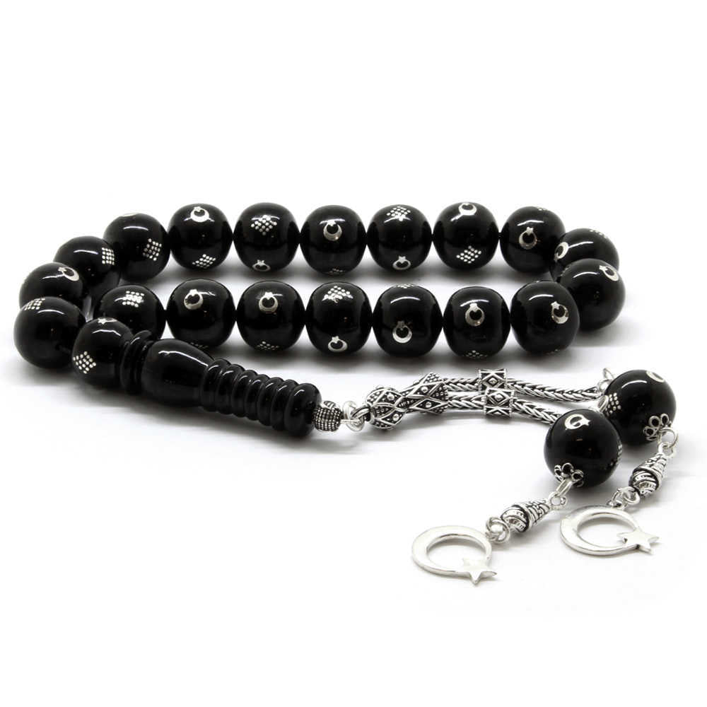 925 Sterling Silver Crescent and Star Tasseled Erzurum Oltu Efe Tasbih - EFENDINA PAZAR - Tesbihane - 101001954