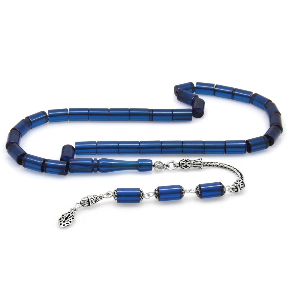925 Sterling Silver Cut Blue Fire Amber Rosary with Tassels - EFENDINA PAZAR - Tesbihane - 101004009