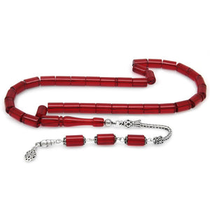 925 Sterling Silver Cut Flag Red Fire Amber Rosary with Tassels - EFENDINA PAZAR - Tesbihane - 101004006
