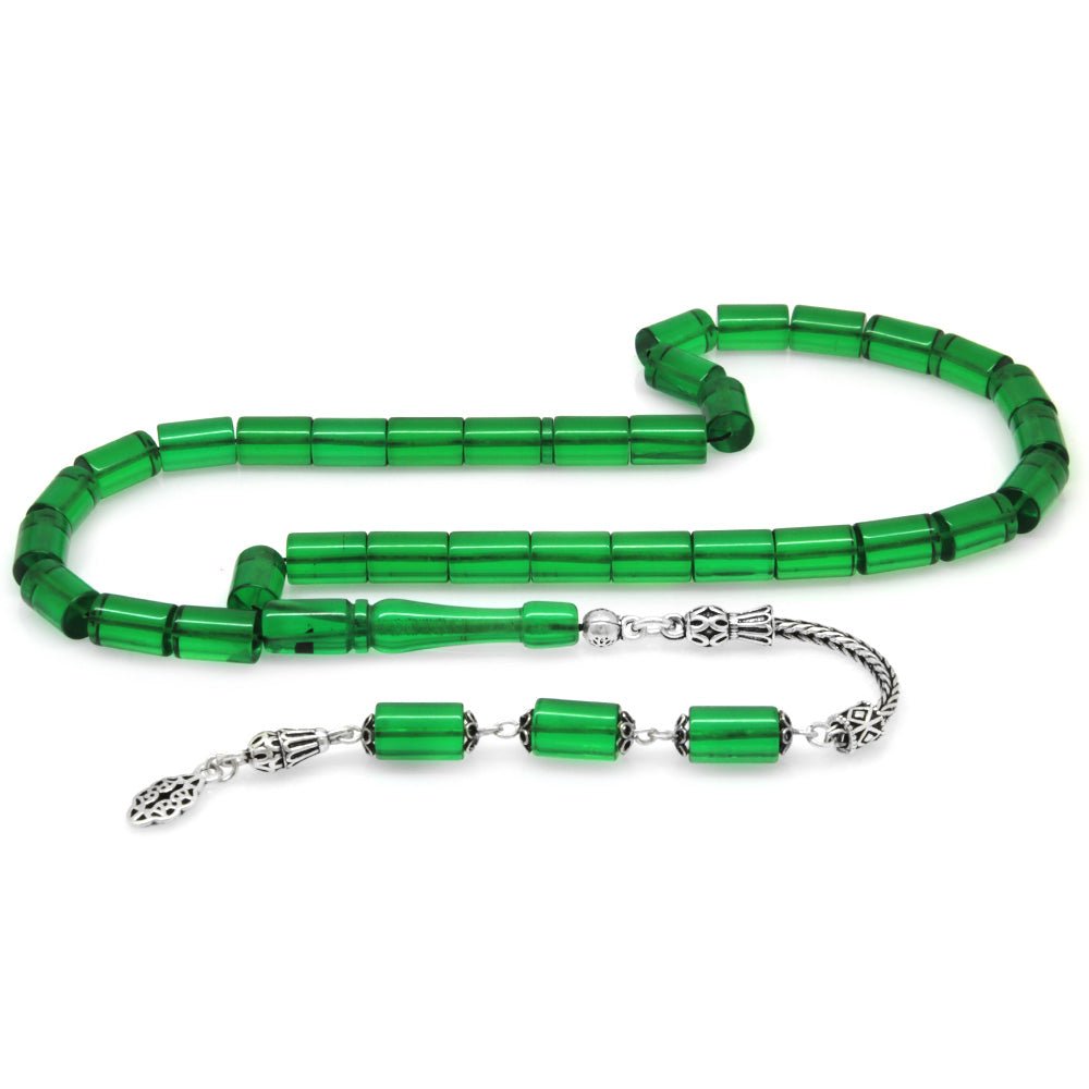 925 Sterling Silver Cut Green Fire Amber Rosary with Tassels - EFENDINA PAZAR - Tesbihane - 101004015